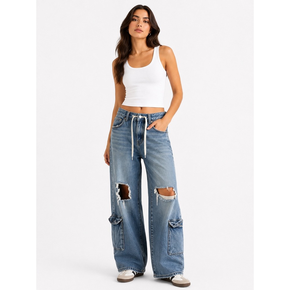Forever 21 Cargo Jeans Womens 26 Blue Distressed Baggy Wide Leg Streetwear Y2K